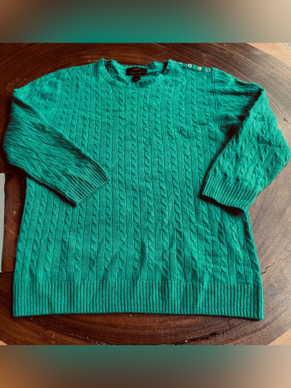 J. Crew Green Women's M 100% Italian Cashmere Cable Knit Button-Shoulder Sweater - Picture 2 of 8
